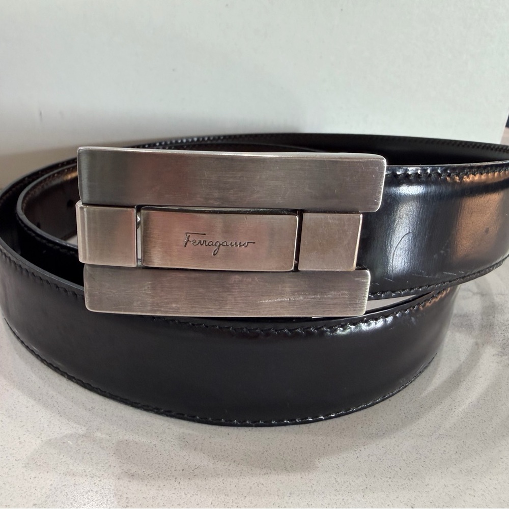 Ferragamo Black Leather Belt with Silver Buckle 32-36”